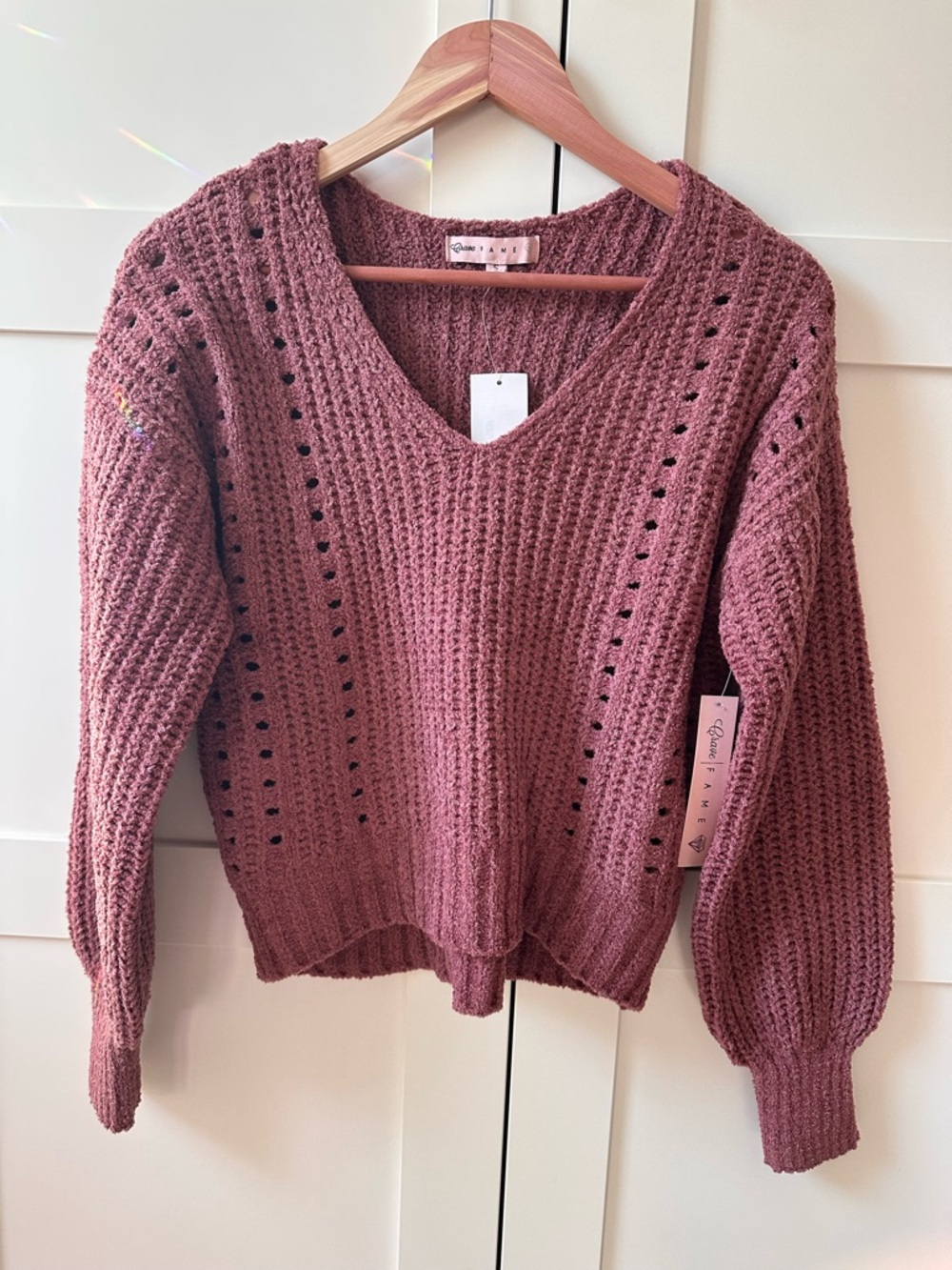 Crave Fame V-Neck Pointelle Sweater in Dusty Rose NWT